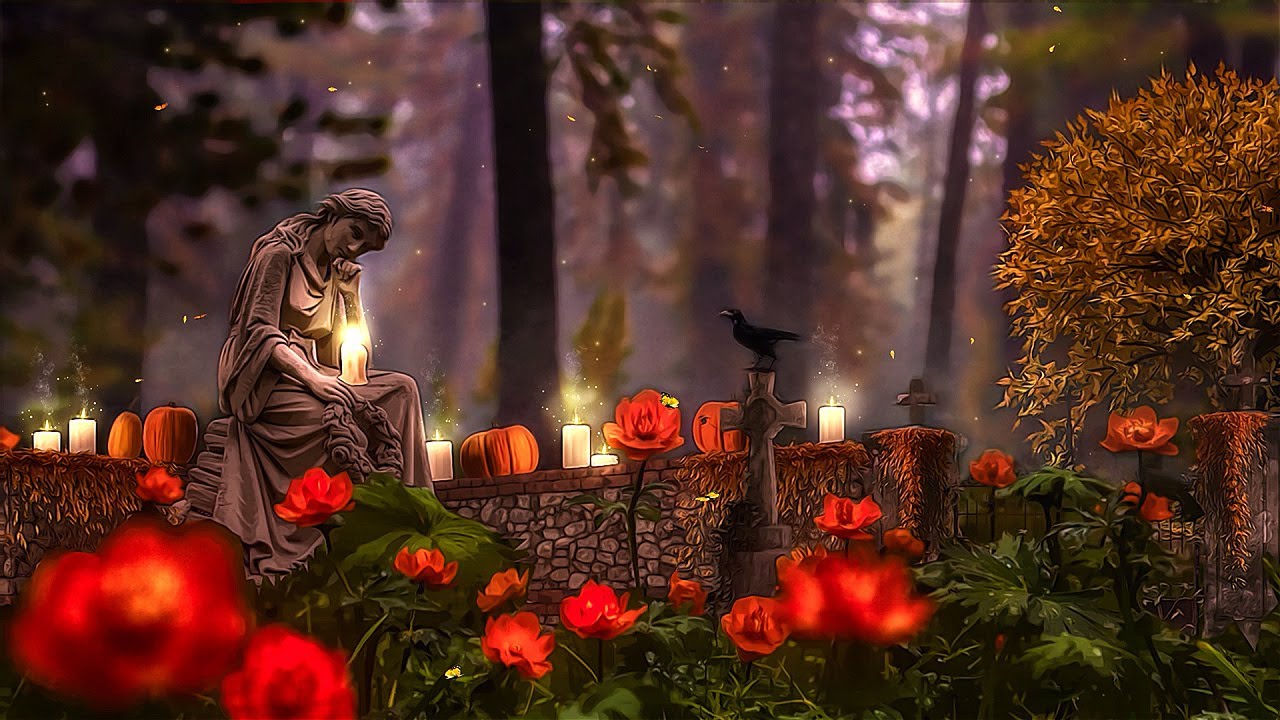 Peaceful Autumn Cemetery Ambience ASMR ✞ Fall Nature Sounds, Crows, Leafs, Flowers, Soft Wind + More