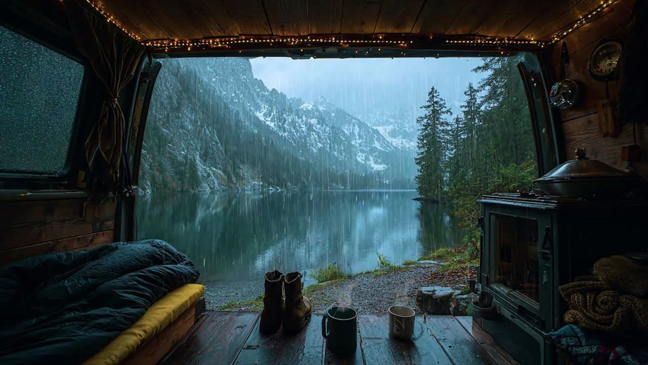 Find Peace & Quiet with Rain Inside Campervan with Mountain Lake 🚐  Ease Insomnia with Rain