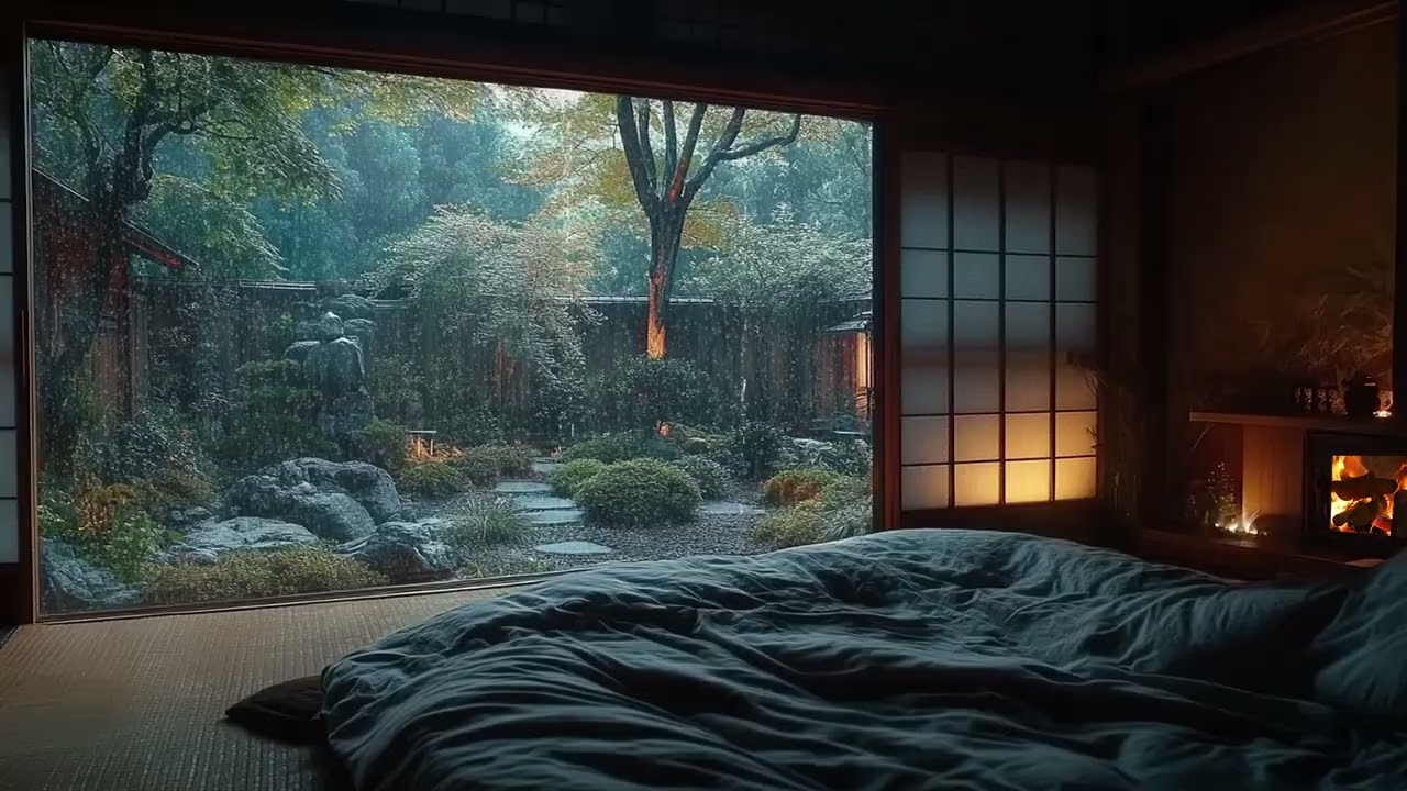 Heavy Rain in Traditional Ryokan 🌧️ Corner Window & Peaceful Garden View for Sleep, Study, Relax