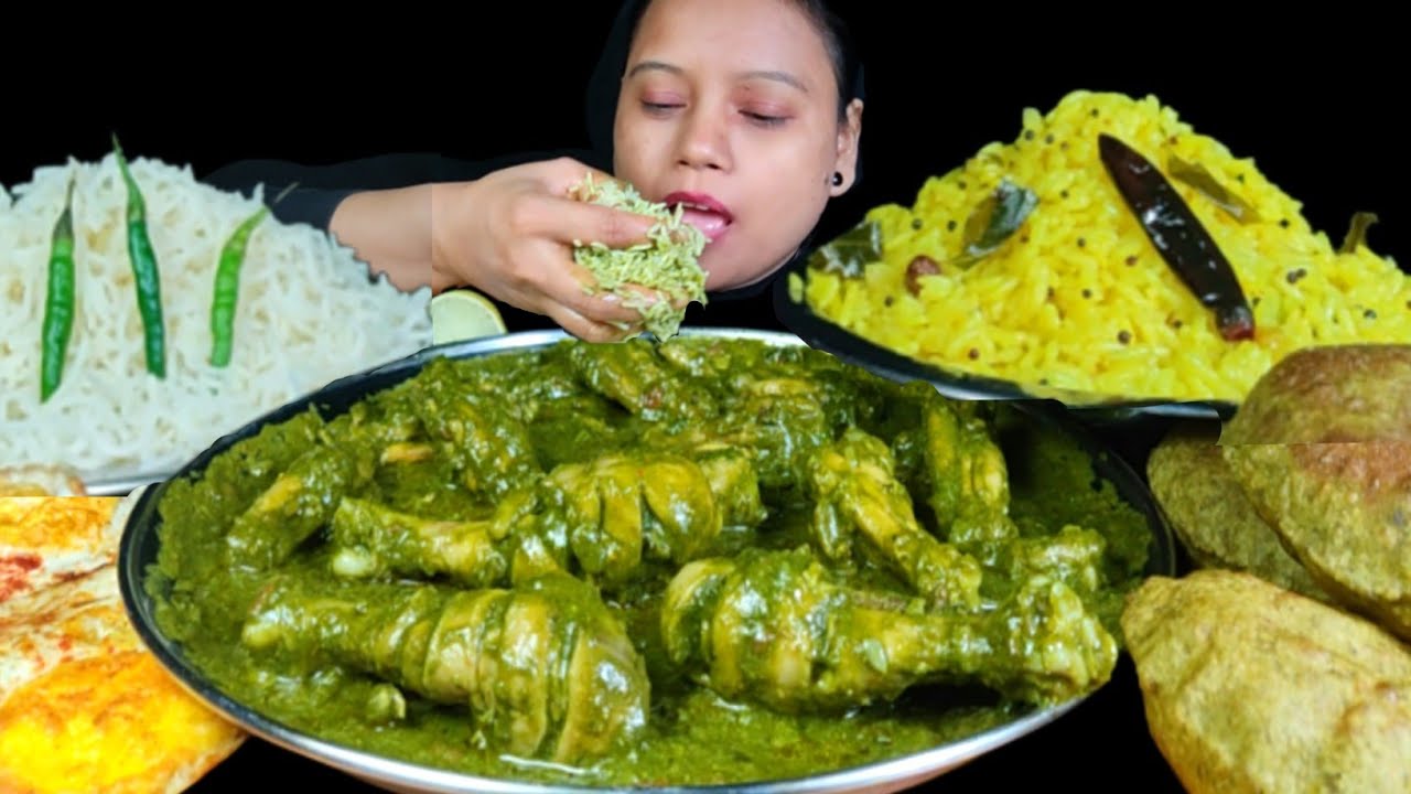 EATING GREEN CHICKEN CURRY WITH BASMATI RICE, LEMON RICE, FRIED EGG, CHICKEN CURRY & PURI MUKBANG
