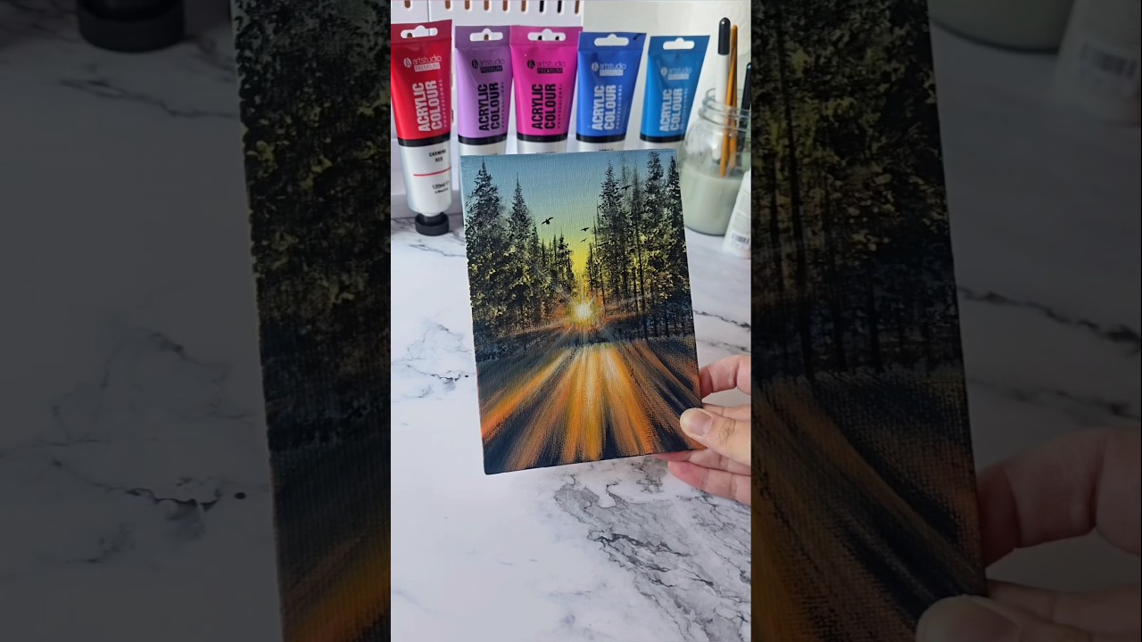 Winter Forest Sunshine 🌞 acrylic painting ideas ##shorts #artvideo #artideas #paintingideas