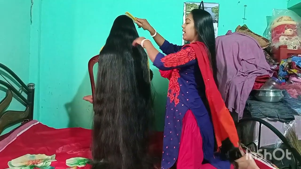 Most beautiful longhair play by male llHair caer with sister ll Moni  by puja  Bengali Longhair ll