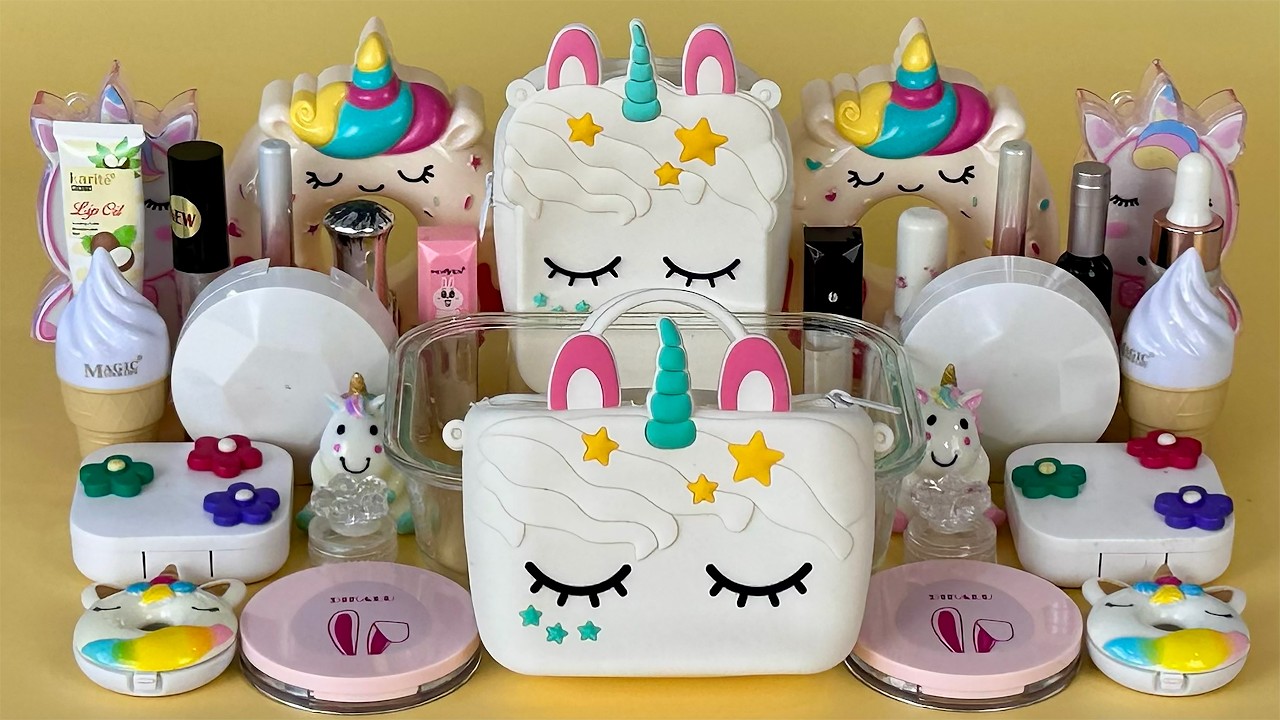 WHITE UNICORN SLIME 🦄 Mixing makeup and glitter into Clear Slime. Satisfying Slime Videos 2160p.