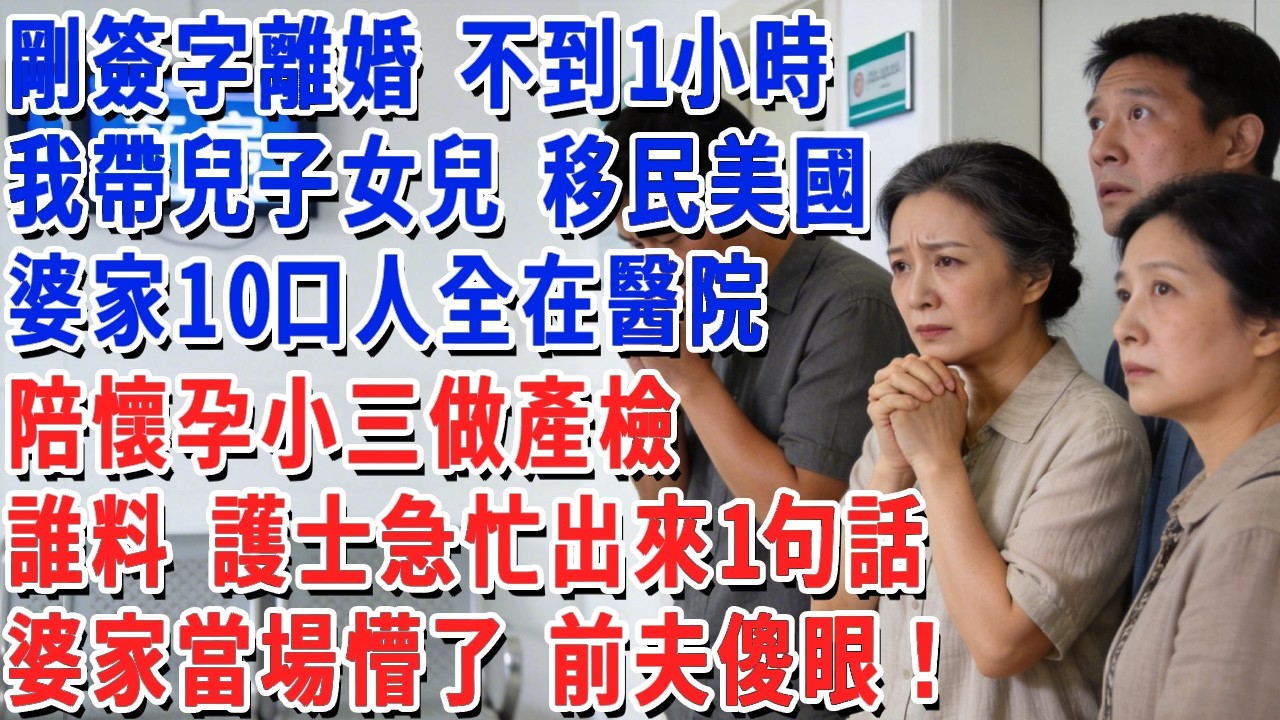 剛簽字離婚 不到1小時，我帶兒子女兒 移民美國，婆家10口人全在醫院，陪懷孕小三做產檢，誰料 護士急忙出來1句話，婆家當場懵了 前夫傻眼！#小娟講故事 #情感故事 #老年生活