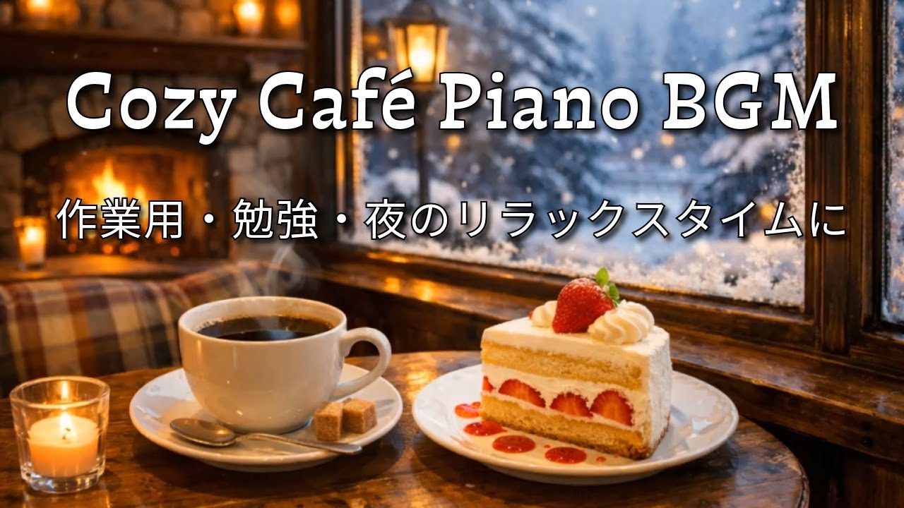 Cozy Café Piano BGM ❄️ Fireplace & Snow | Relaxing Music 雪と暖炉のあるカフェ ☕ ピアノBGM
