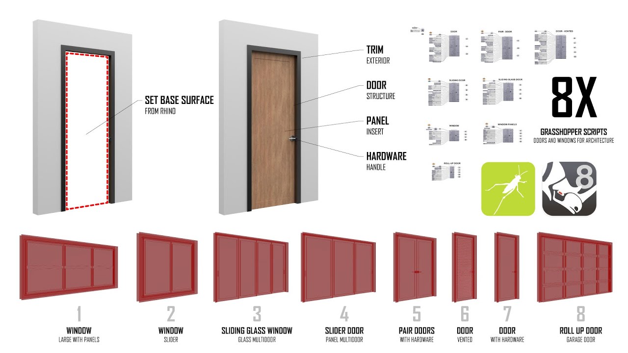 Parametric Doors and Windows from Base Surface for Architecture Floor Plans Rhino 8 3D #Grasshopper
