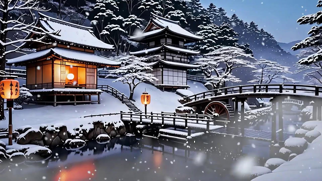 12h Ambient Zen | Music and Water Sounds for Sleep and Relaxation🌙 | 冬の水車瞑想音楽 | Thiền Mùa Đông Vol.2