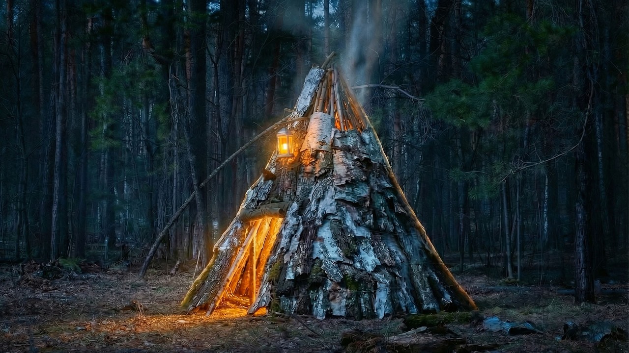 Solo Overnight in a Birch Bark Shelter with a Stove
