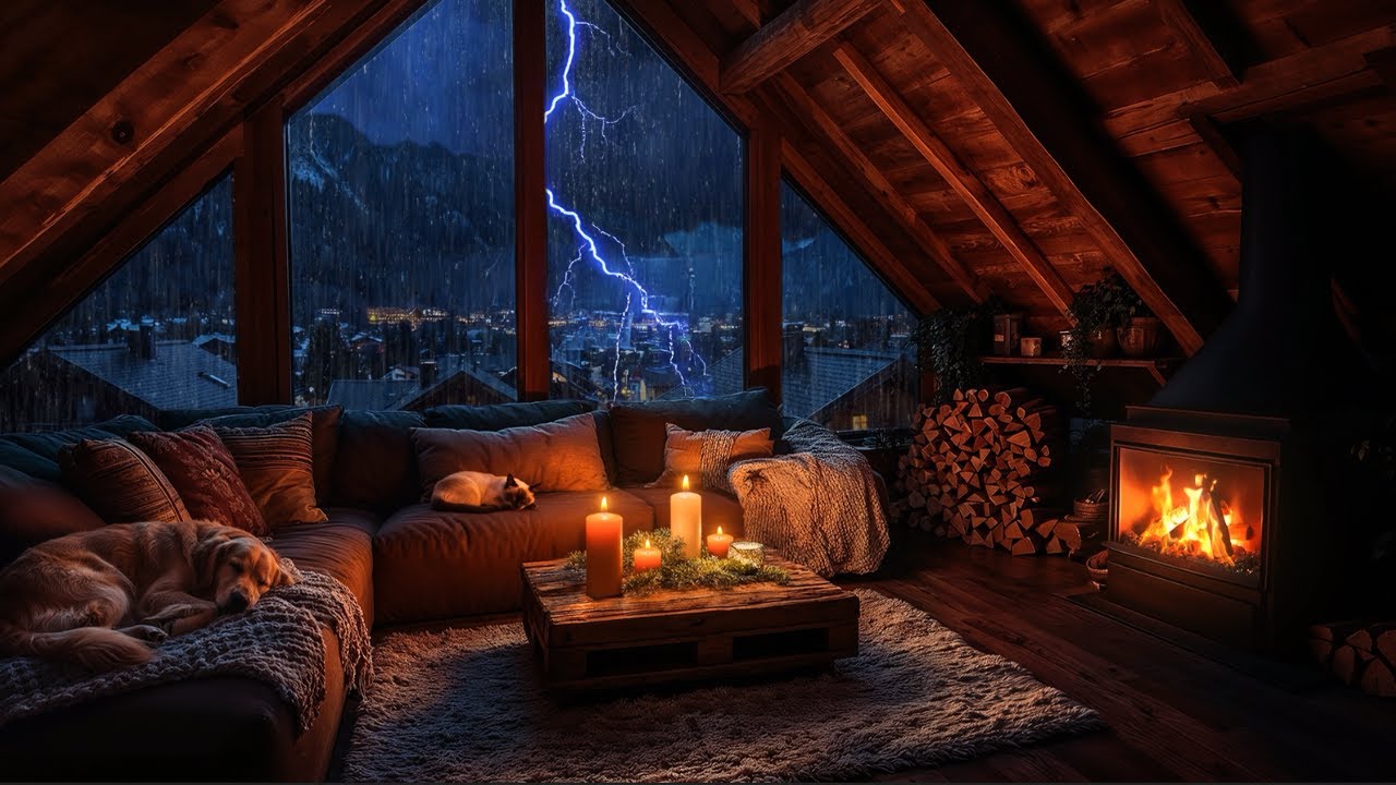 Mountain Cabin Thunderstorm at Night ⛈️ Heavy Rain & Crackling Fireplace