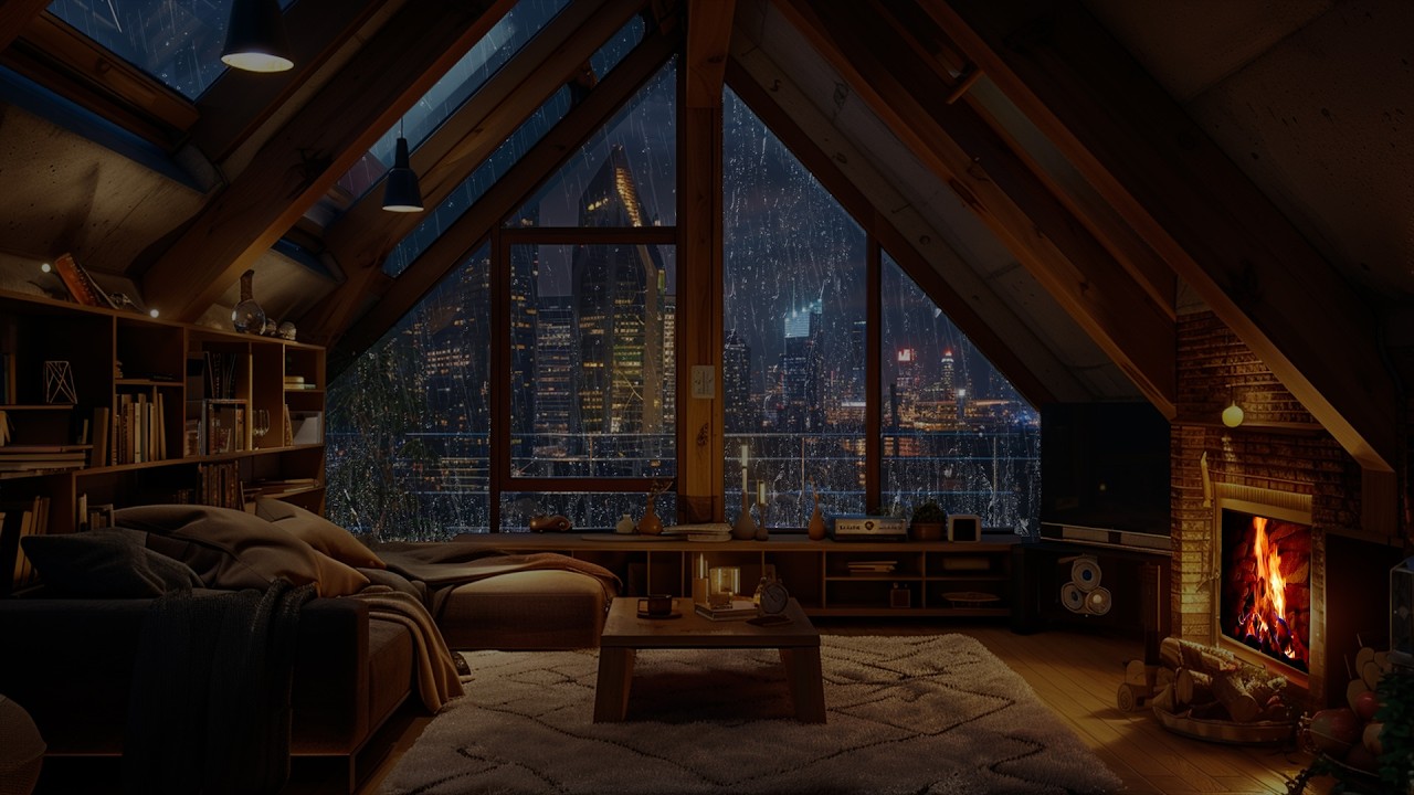 Gentle Night Rain & Fireplace Crackles | A Soft Fireside Atmosphere for Deep Sleep