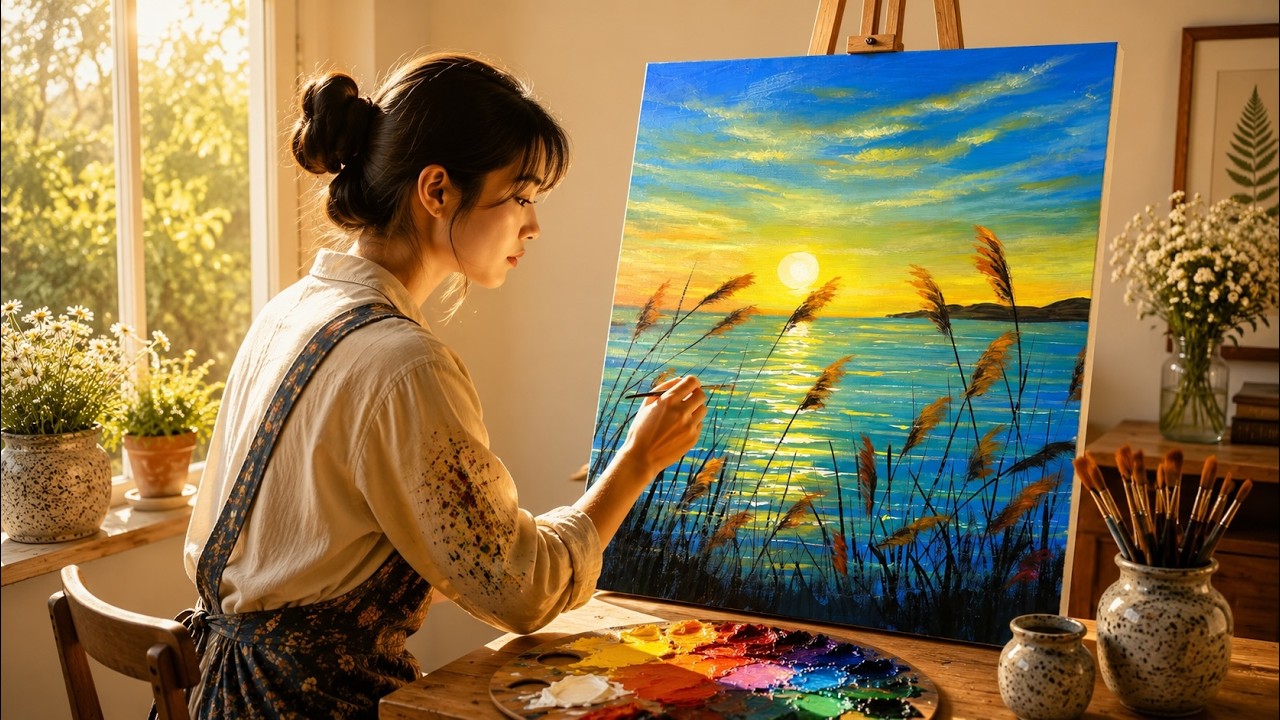 STEP by STEP Acrylic Painting | Beautiful Sunset Lake Painting #104