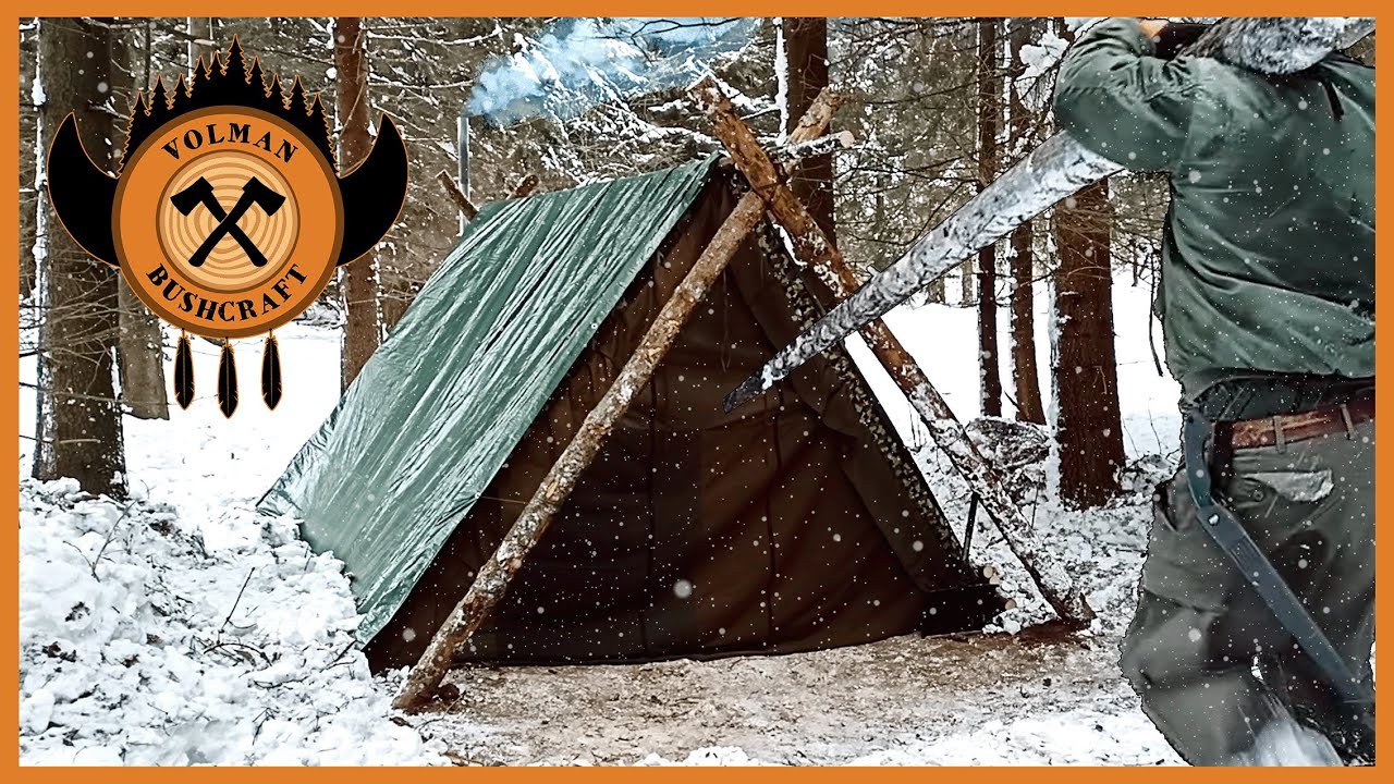 Winter Bushcraft Camping, Building HOT Shelter, Forest Cooking
