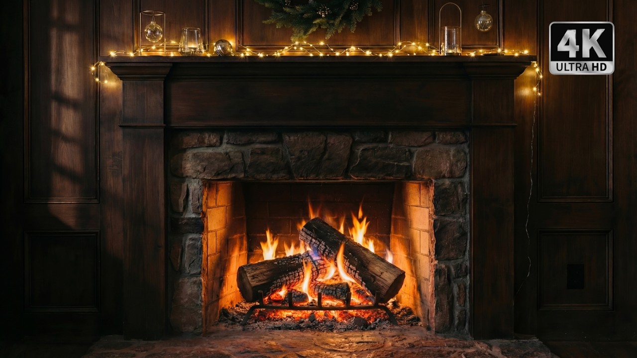 Christmas Fireplace in a Cabin - Cozy Night Ambience | Archive 002