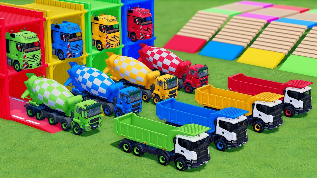 Mixer Trucks of Colors! TRACTOR, DUMP TRUCK, MAN, FREIGHTLINER, SCANIA WITH FLATBED TRUCKS - FS22