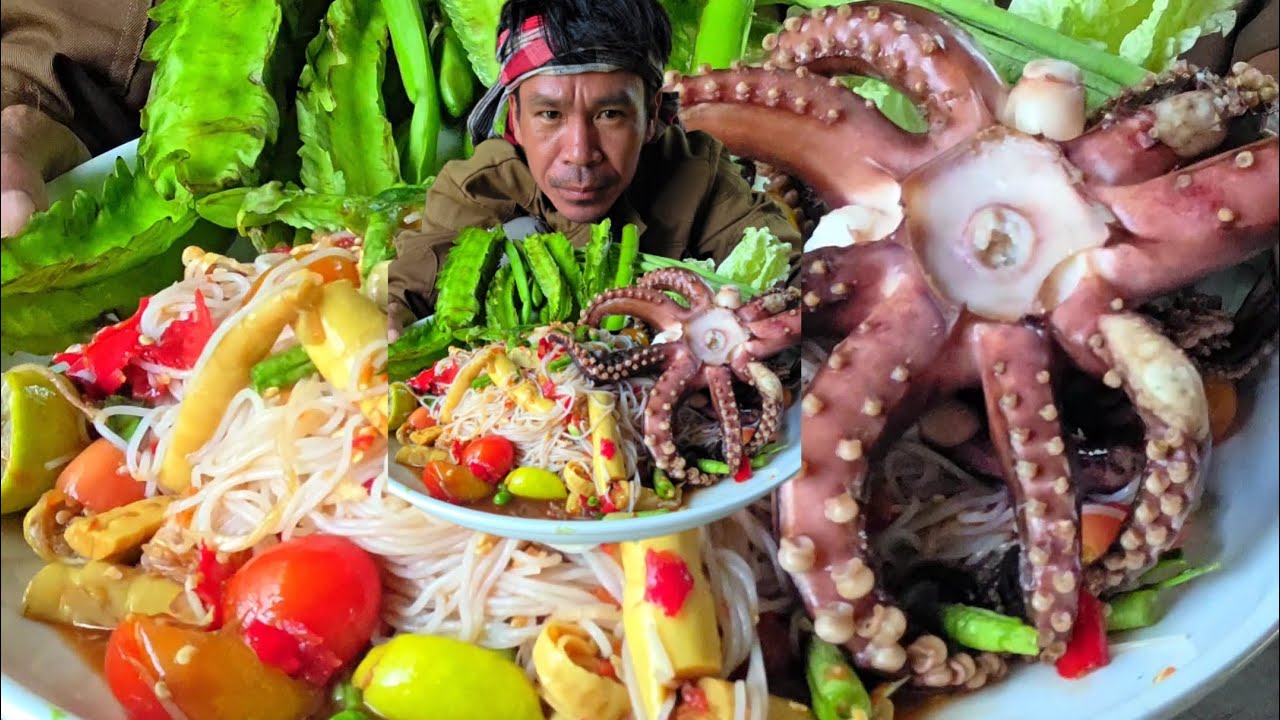 หมึกแก้มตำขนมจีนเเผ็ดนัว #food 