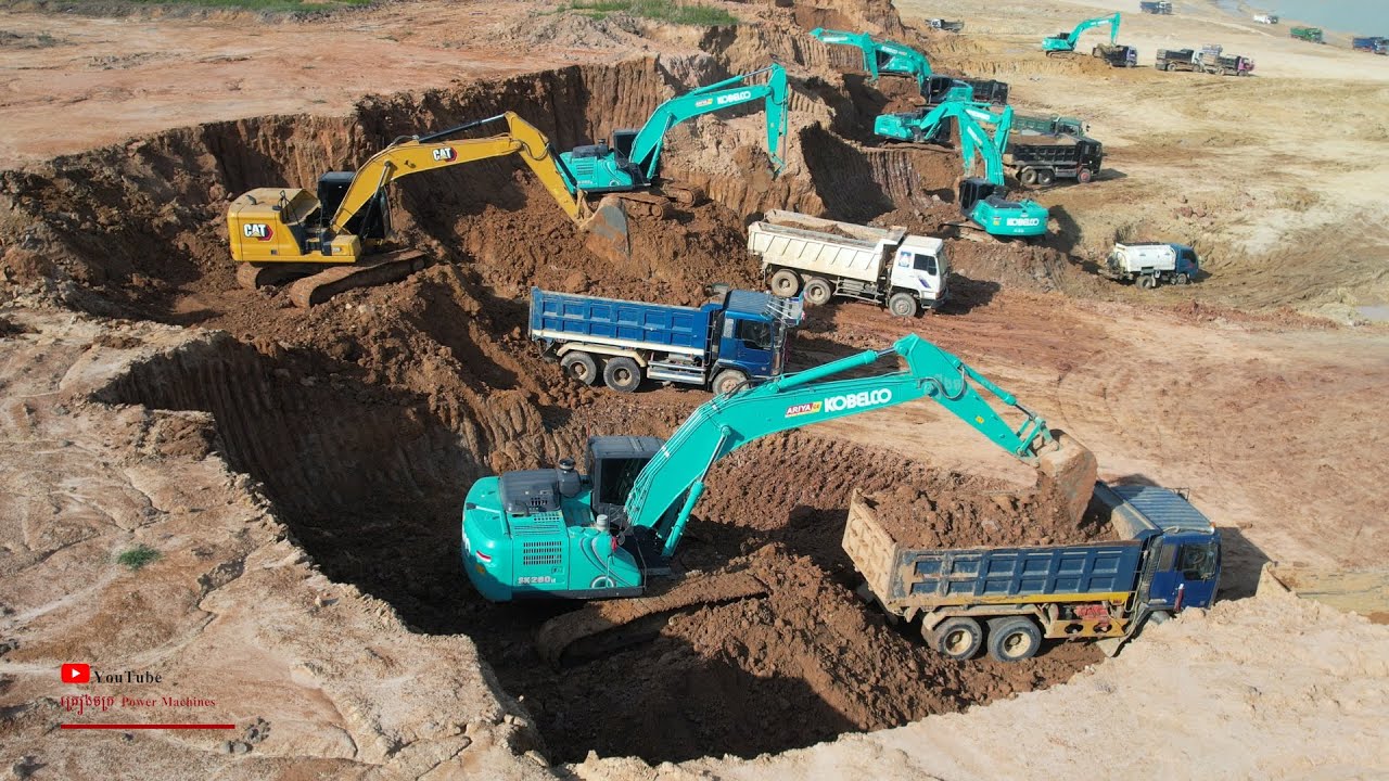 Awesome Kobelco Vs Caterpillar Loading Soil Into Dump Truck Removing With Amazing Operator Excavator