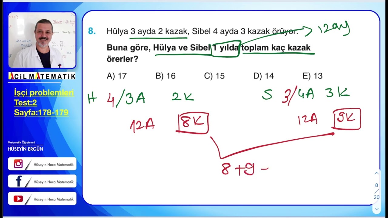 ACİL YAYINLARI MATEMATİĞİN İLACI TYT SORU BANKASI İşçi problemleri test:2 sayfa :178-179