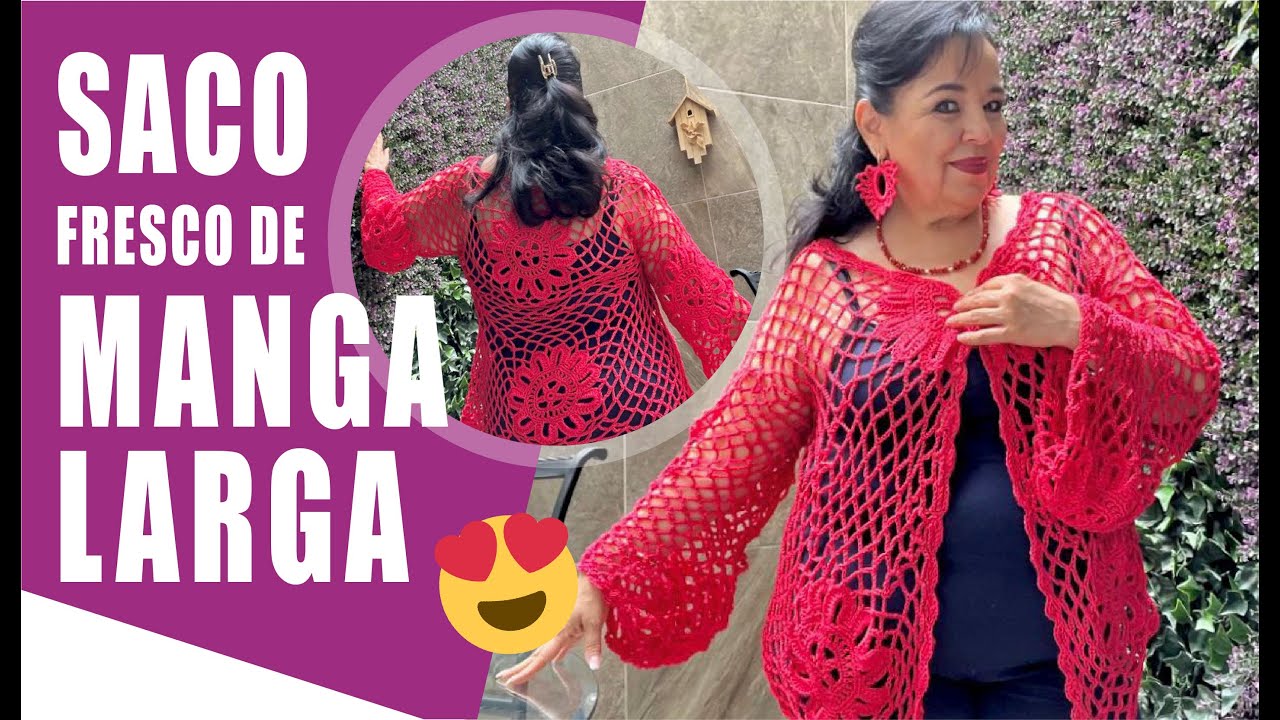 CÓMO TEJER UN SACO O CARDIGAN FRESCO DE VERANO CON MANGA LARGA 🍒🍒 A GANCHO O CROCHET FÁCIL Y RÁPIDO