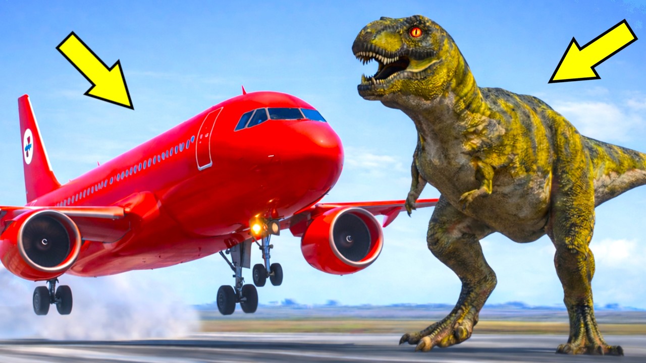 Airplane Crashes Into Dinosaur During Takeoff On Runway And Aeroplane Catches Fire | GTA 5