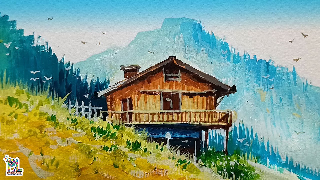 How to paint Art wooden house at Mountain area with easy painting