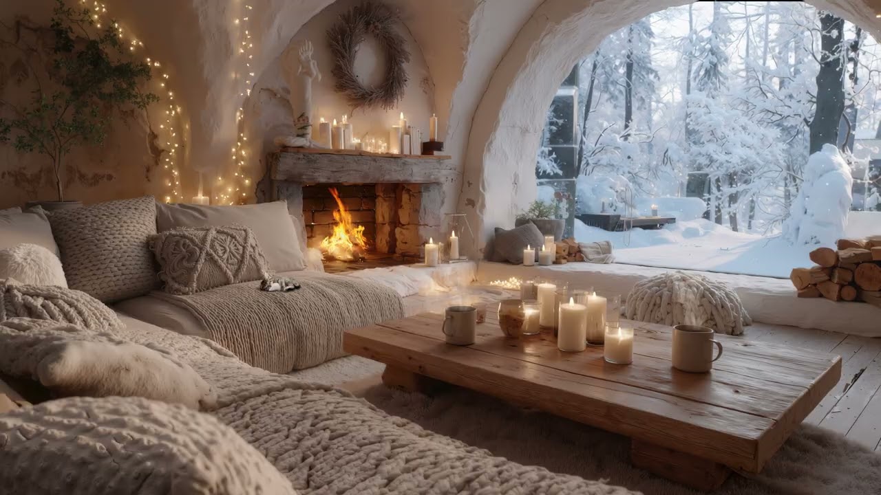 Relaxing Winter Snowfall with Fireplace Ambience ❄️ Relaxing Piano Fireplace Music for Study, Focus