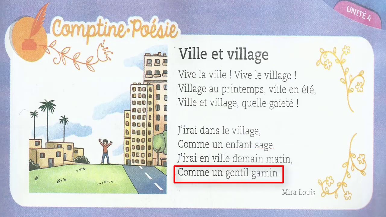 comptine / poésie:   ville et village / unité 4 / page 51 / mes apprentissages en français 2AP