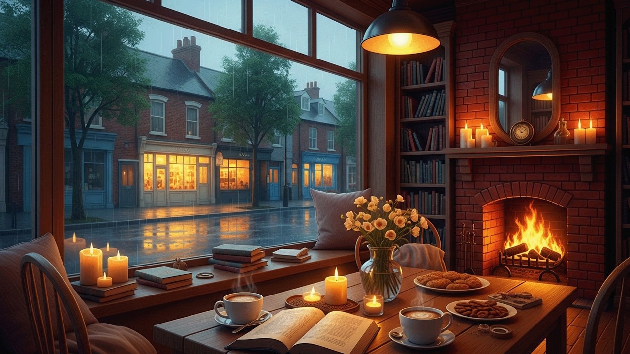 Peaceful Rainy Cafe Scene 🌧️ Relaxing Piano Music by the Fireplace