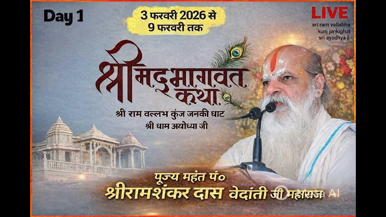 🔴DAY 01\श्री मद्भागवत कथा ii महंत पं.श्रीरामशंकरदास वेदांती जी महाराज श्री राम वल्लभ कुंज जानकी घाट