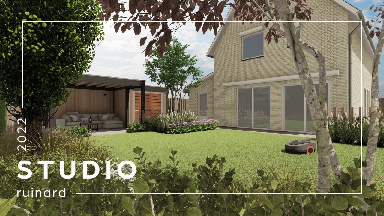 Studio Ruinard | 3D Tuinontwerp | Silent Outline | Moderne achtertuin met overkapping en sauna