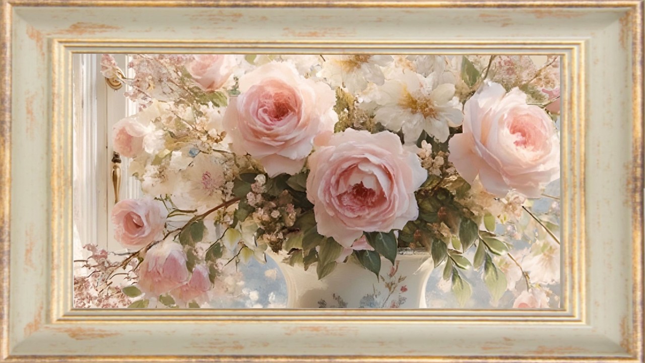 Impressionist Roses | Pink Floral 4K | Painting Screensaver | Gold Frame TV Art | 1 Scene, 2 Hours