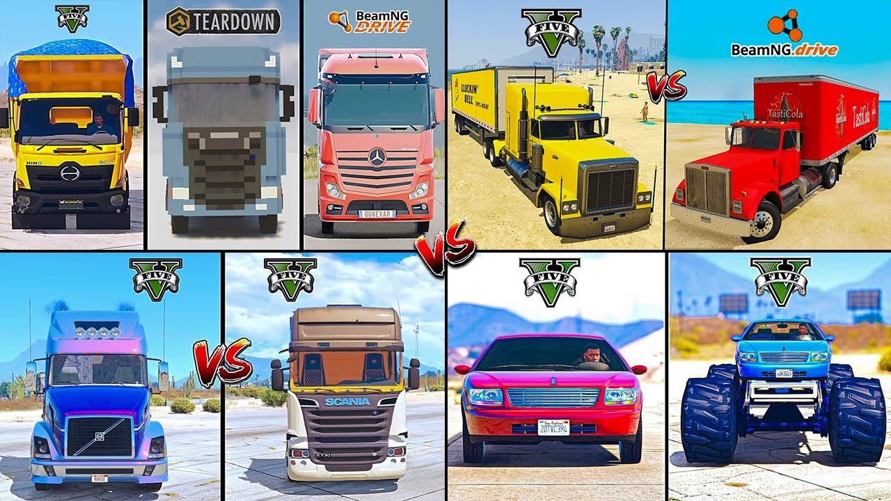 ACTROS VS VOLVO VS SCANIA VS MONSTER TRUCK IN GTA 5 VS TEARDOWN VS BEAMNG - WHICH IS BEST ?