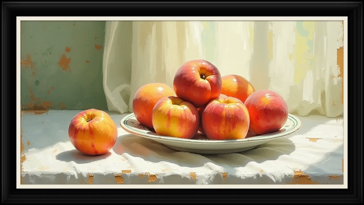 Summer Peaches on a Plate | Oil Painting Still Life | Pixel Frame TV Art