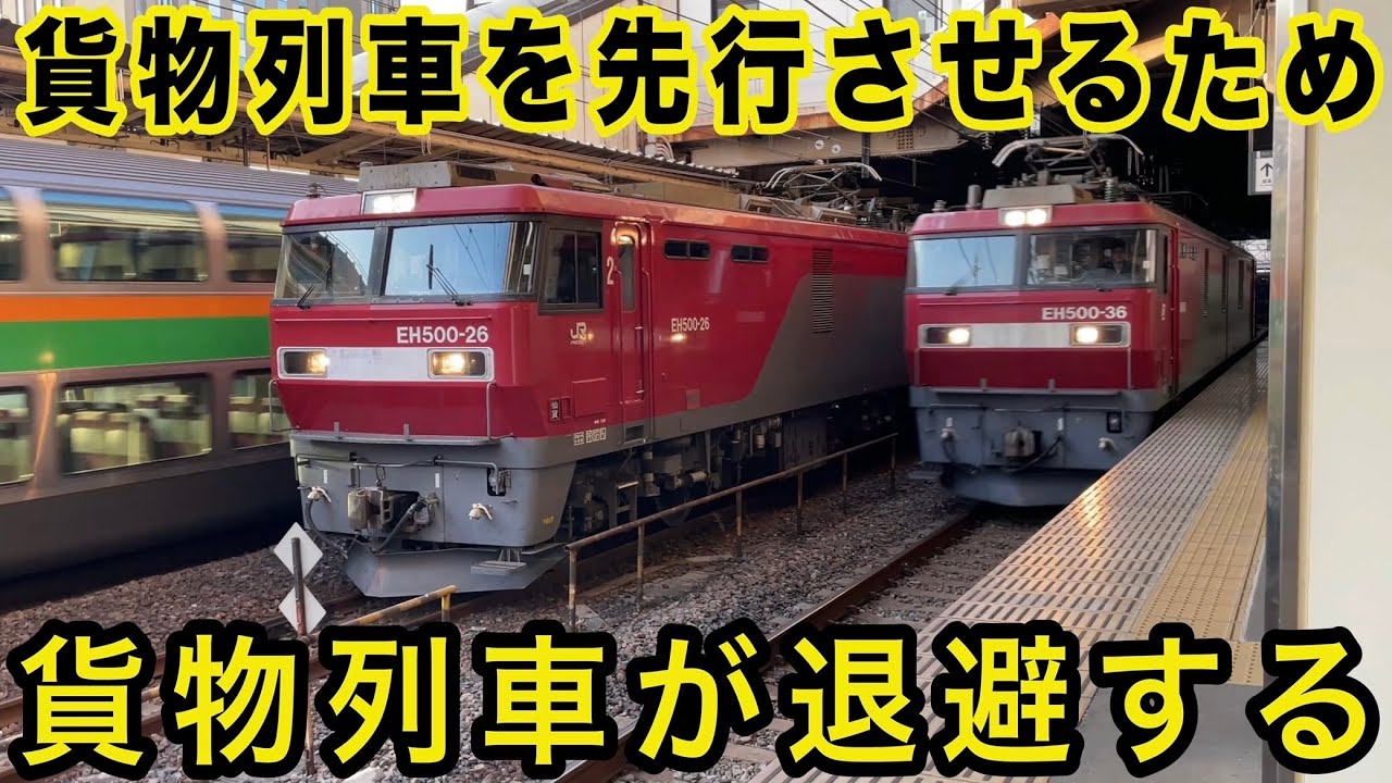 貨物が貨物の通過待ち　EH500貨物列車 93レ 小山駅 退避・発車　4059レ 高速通過