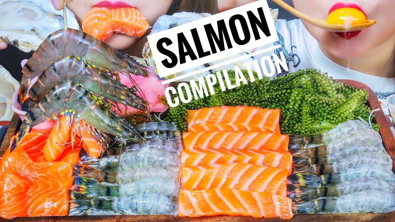 ASMR EATING RAW SALMON COMPILATION EATING SOUNDS | LINH-ASMR