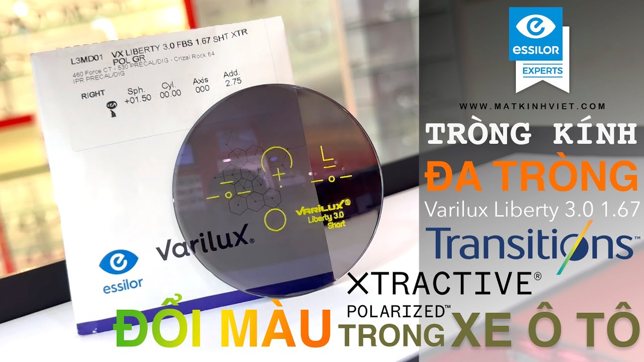 Tròng kính đa tròng đổi màu đậm trong xe ôtô Varilux Liberty 3.0 Transitions Xtractive Polarized
