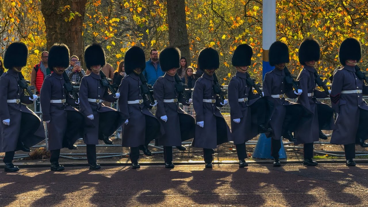 Magnificent King’s Guards Line Up on The Mall in Winter Uniform - Qatar State Visit (December 2024)