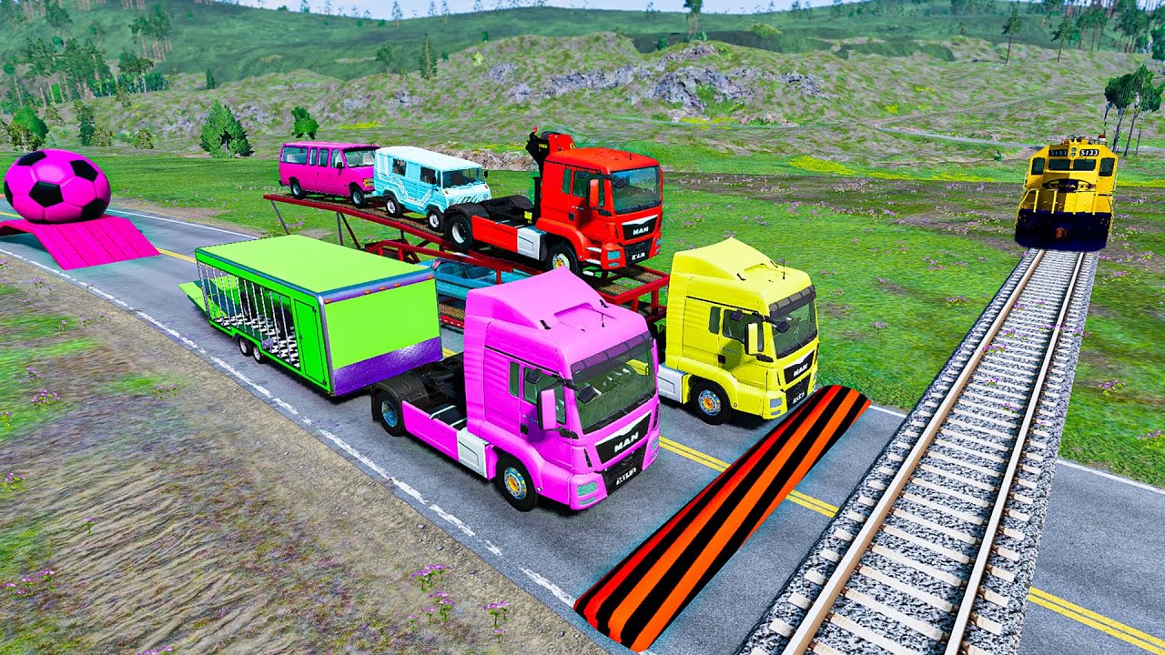 Double Flatbed Trailer Truck vs Speedbumps | Train vs Car | Tractor vs Train | BeamNG.Drive #1107