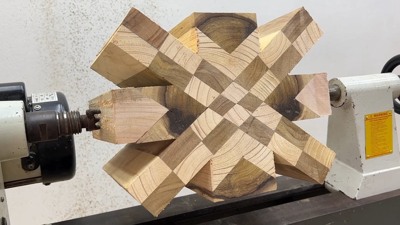 Woodturning - A Strange Design Under Skillful Hands Of Carpenters Working Manually On Wood Lathe