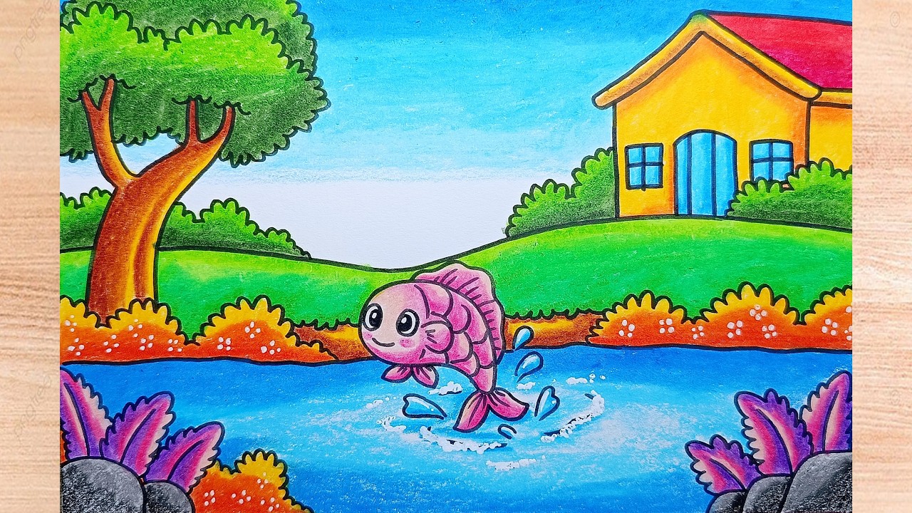 How to Draw a Cute Fish Jumping in a Beautiful River || Easy Scenery Drawing