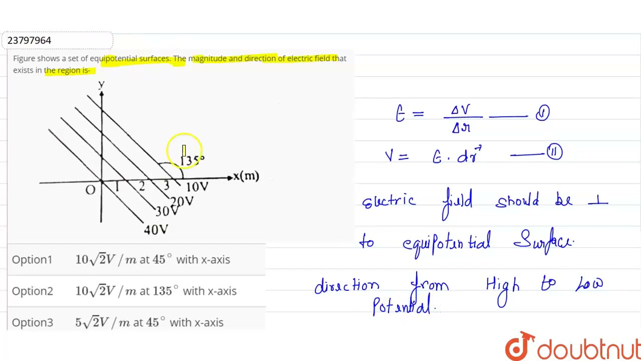 Figure shows a set of equipotential surfaces. The magnitude and direction of electric field that...