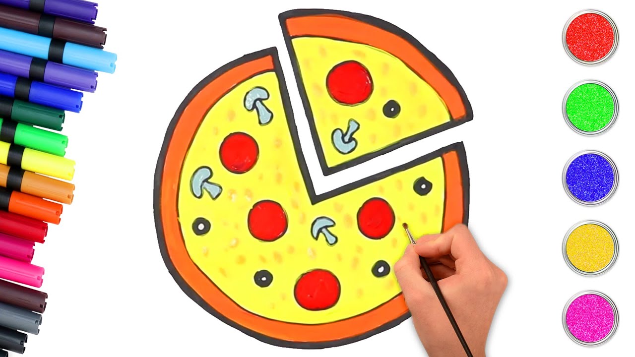 Tutorial divertido de colorir e desenhar pizza para crianças | Chiki Art Brasil
