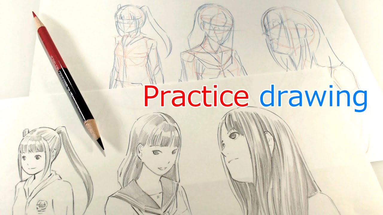 原稿明けの練習ラクガキ（三菱鉛筆 朱藍 2色でPractice drawing : real time）