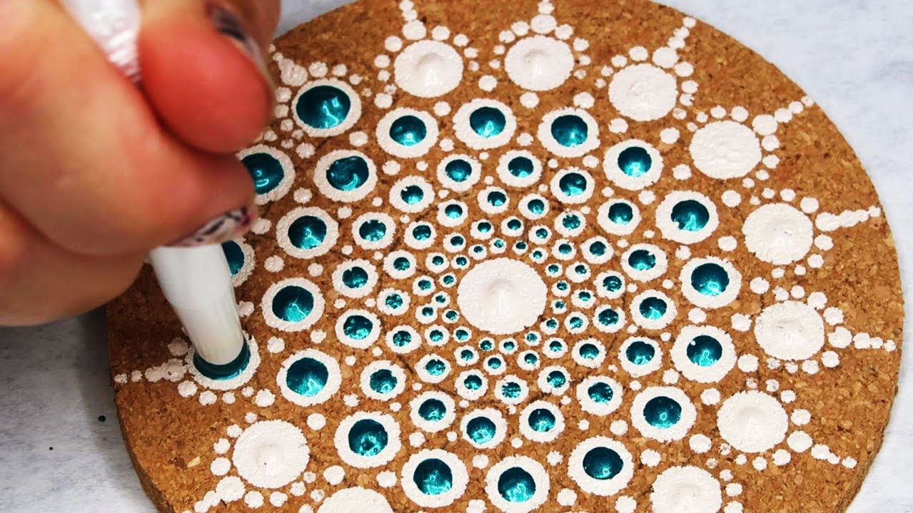 Do it yourself gifts - Cork drink coasters painted dot mandalas in time lapse