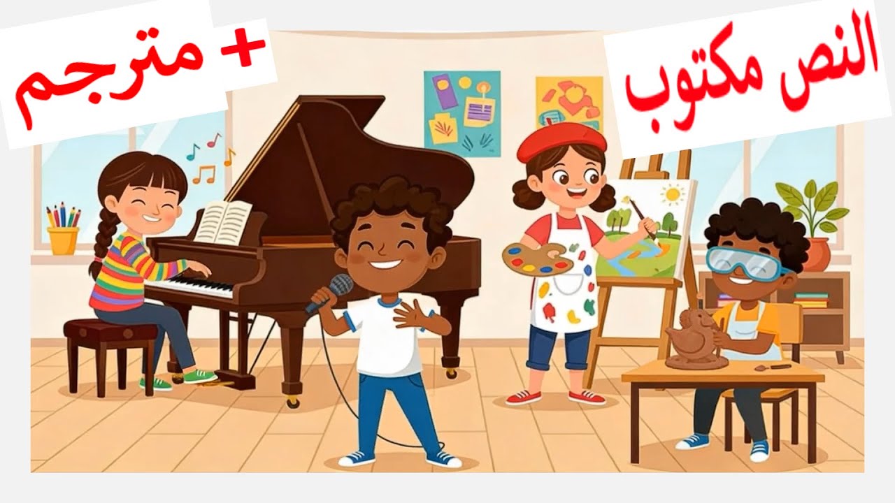 Exploitation du vocabulaire : quatre enfants talentueux 🎹🎨🎤🪨 (مترجم و مكتوب) Niveau5 et Niveau6