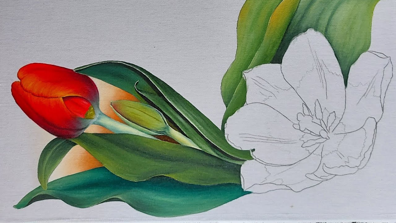 Pintura de folhas e botões de tulipas
