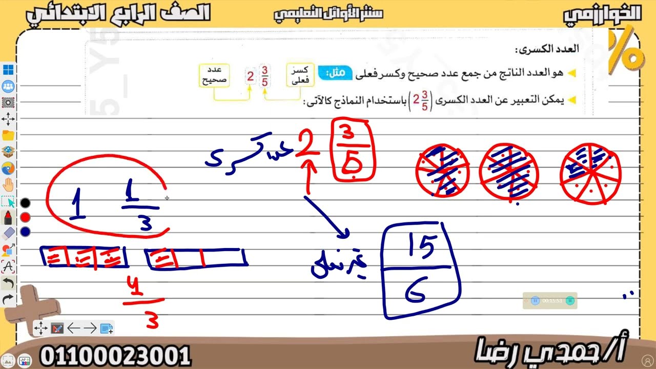 الصف الرابع الابتدائي مراجعة كسور الوحدة و شرح درس الاعداد الكسرية و الكسور الغير فعلية 