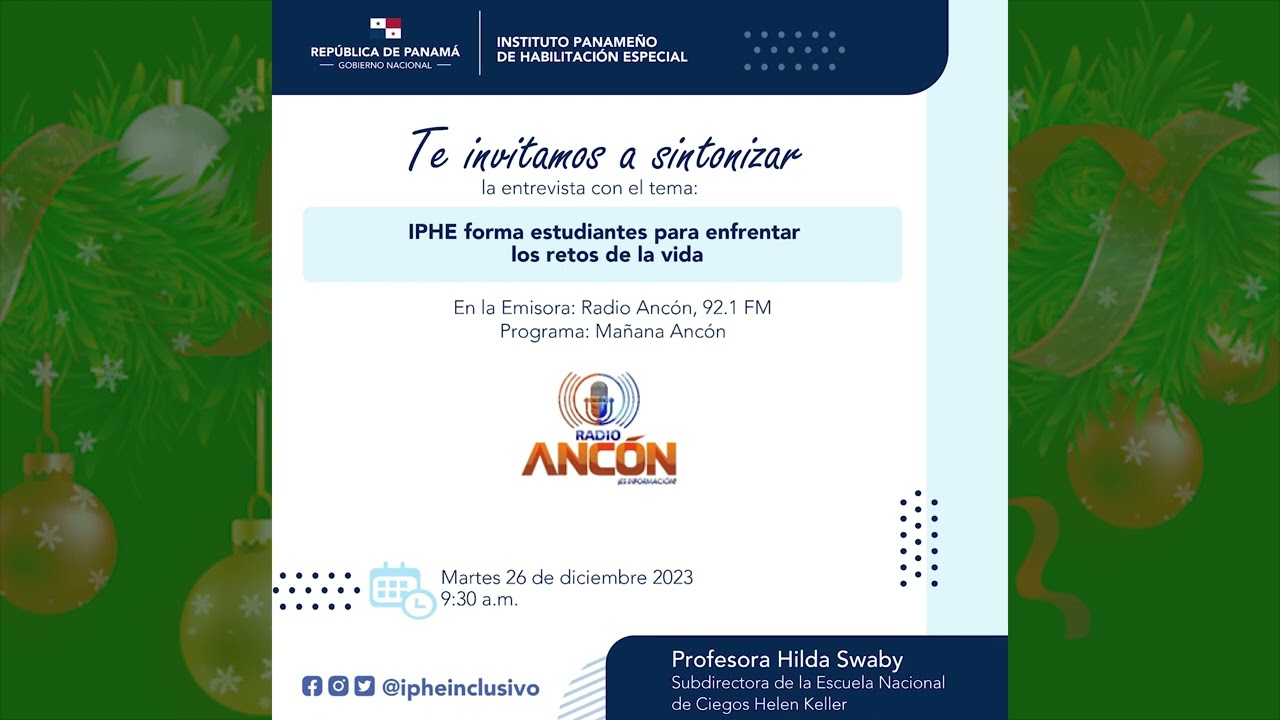 Entrevista en Radio Ancón 92.1 FM, con la profesora Hilda Swaby Subdirectora de la Escuela de Ciegos