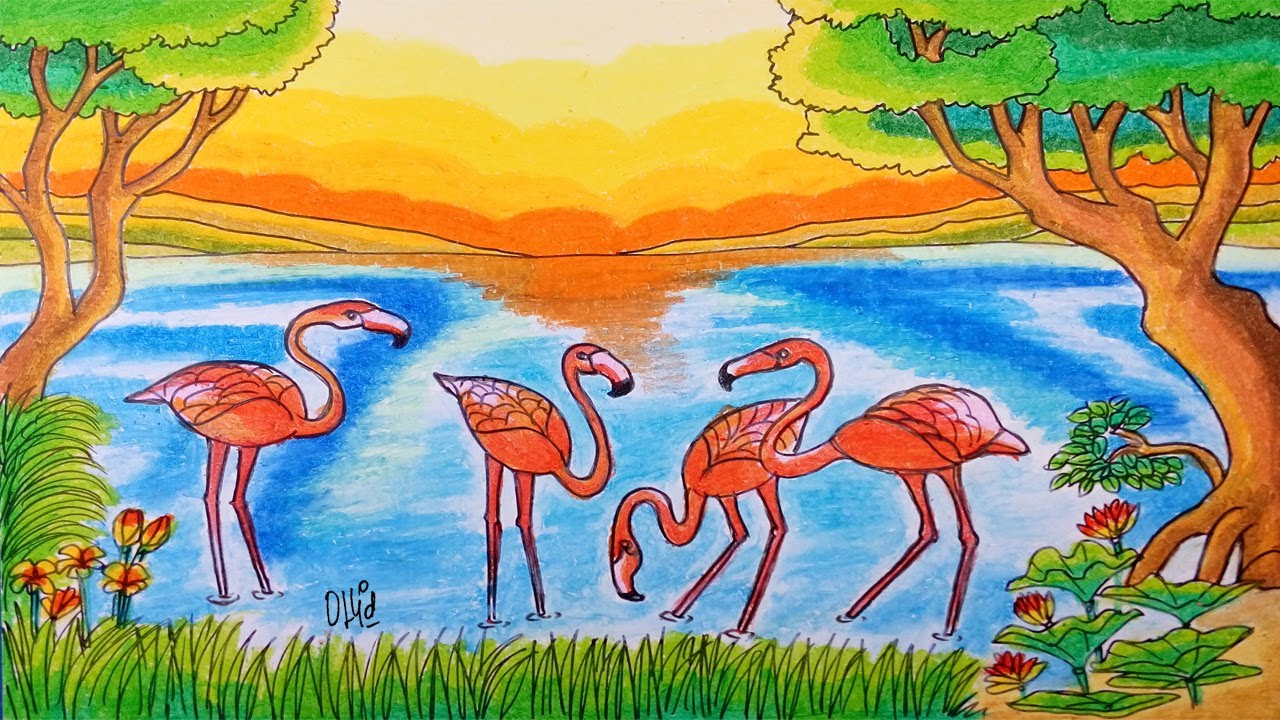 Cara Menggambar Burung Flaminggo Dengan Crayon/Oil Pastel