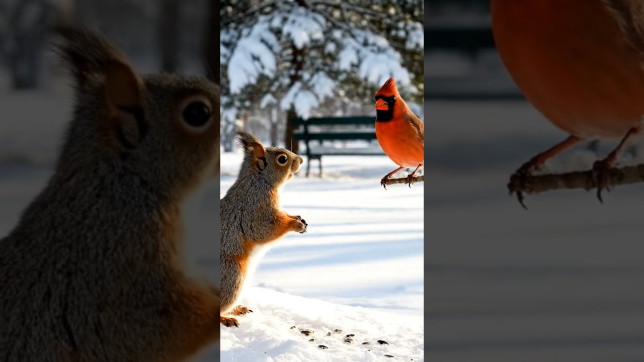 red squirrel and a male Northern cardinal in a snowy setting 