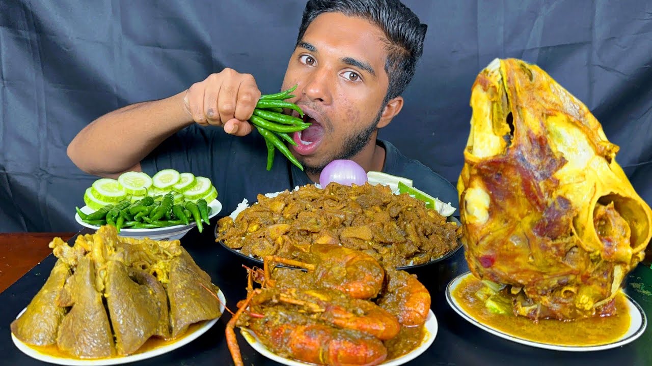 spicy mutton boti curry, full goat lungs, goat head curry and prawns curry with rice eating show